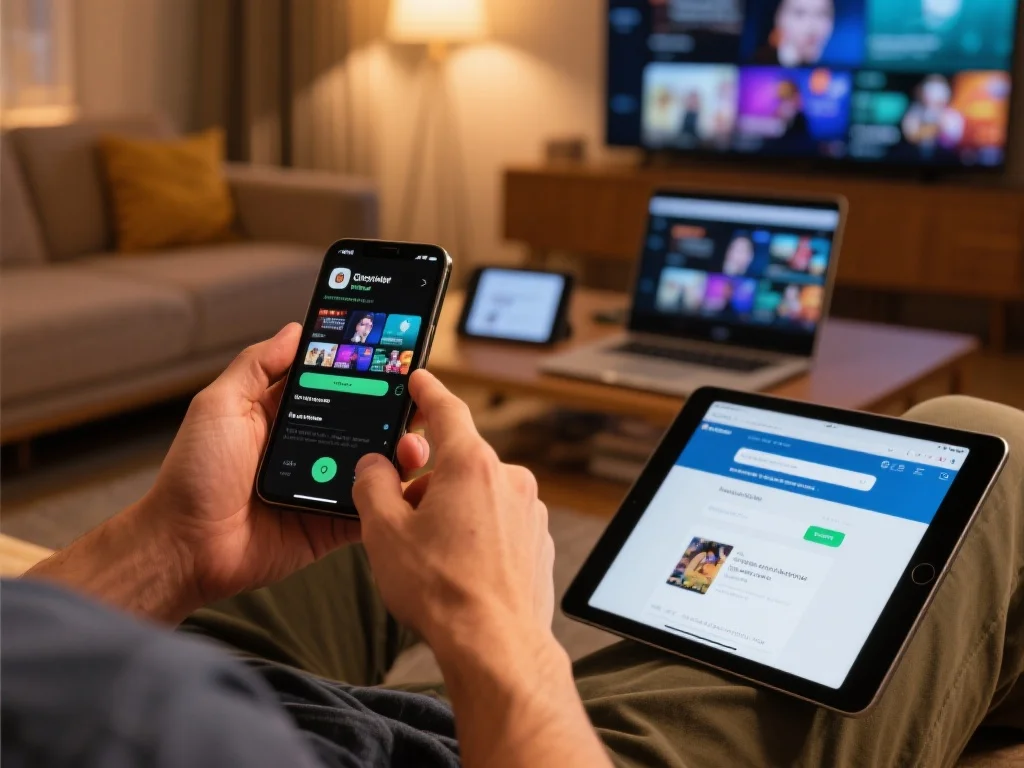 用户在不同设备上享受数字娱乐的场景